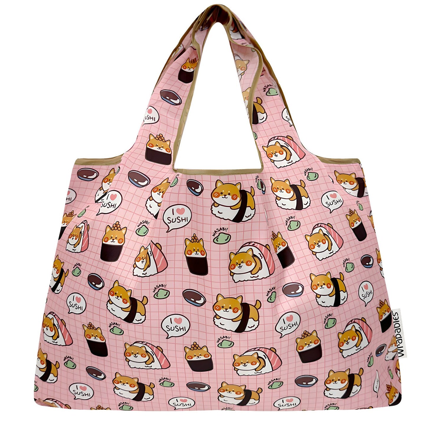 Wrapables Large Foldable Tote Nylon Reusable Grocery Bags, Doggy Sushi