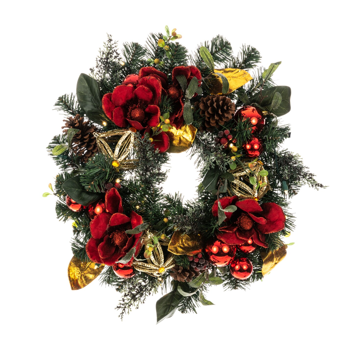 Lighted Christmas Wreath - Red Magnolia