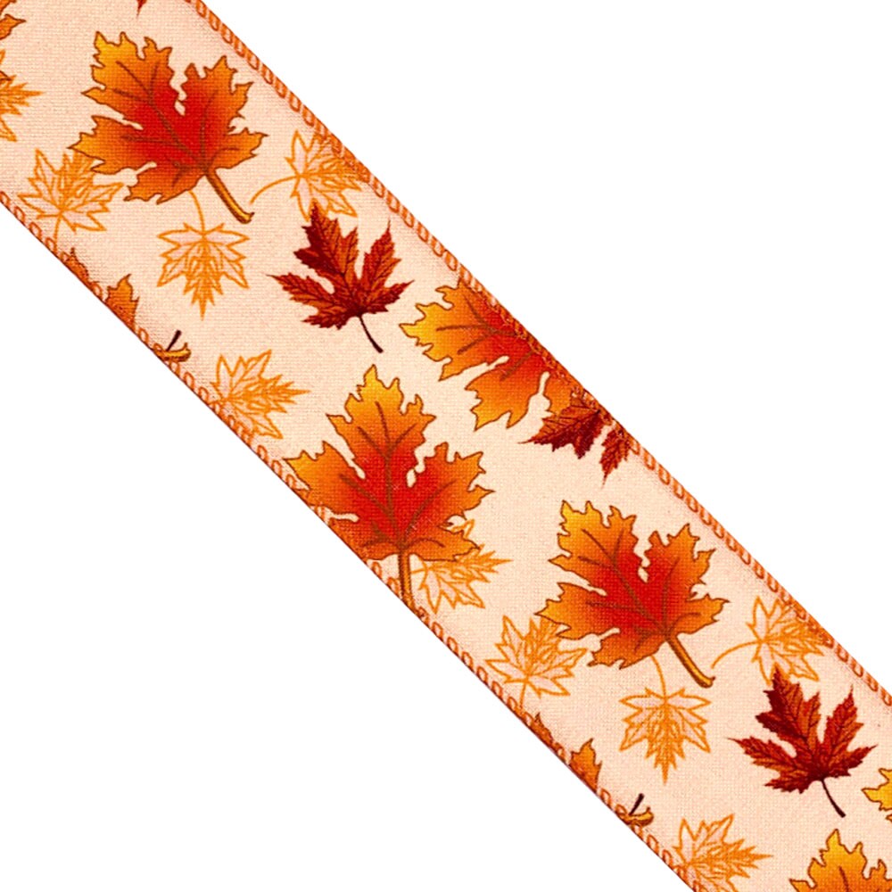 WR 63-5104 2.5&#x201D; x 10 yard Orange Autumn Maple Leaves wired edge ribbons