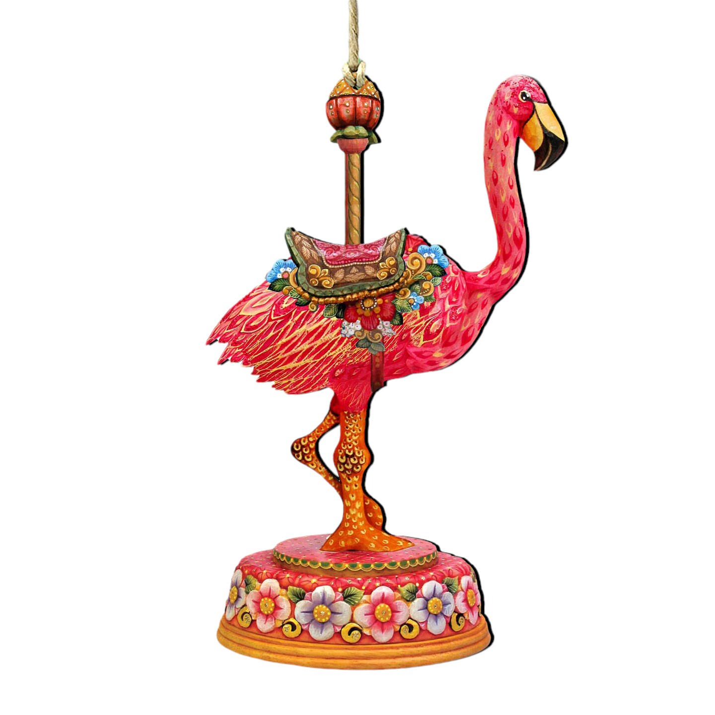 Designocracy Set of 2 Carousel Flamingo Wooden  Christmas Ornaments 5.5&#x22;