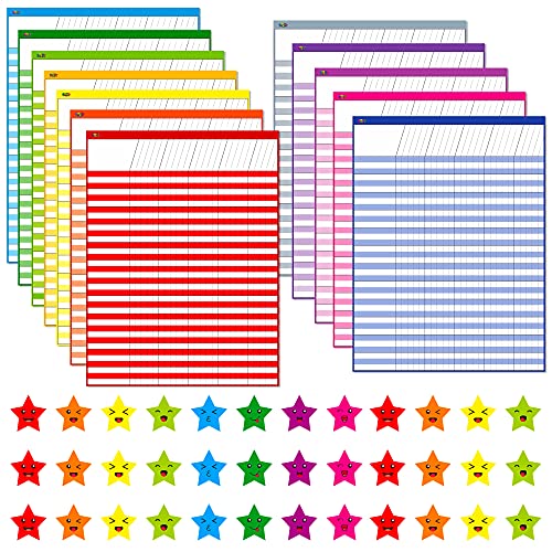 12 Pack Multi-Color Dry Erase Incentive Chart/Chore/Responsibility/School Attendance/Homework Progress Tracking Chart with 2112 Reward Star Stickers, (17&#x22; x 22.5&#x22;)