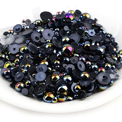 1000 Pieces Flatback Half Pearls, Mixed Size 4/6/8/10/12/14mm Flat Back Round Half Pearls Beads for Crafts Jewelry, Loose Beads Gem (Jet Black AB)