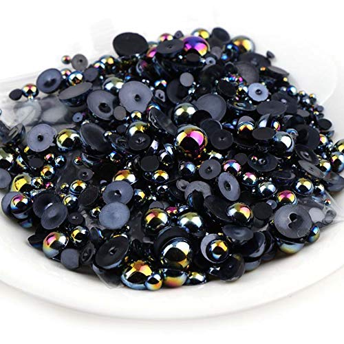 Dowarm 1000 Pieces Flatback Half Pearls, Mixed Size 4/6/8/10/12/14mm Flat Back Round Half Pearls Beads for Crafts Jewelry, Loose Beads Gem (Jet Black AB)