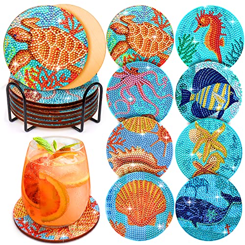 Diamond Painting Coasters - 8 PCS 5D Ocean Art Kits for Adults and Kids, Sea-Themed Coasters with Holder, Perfect for Beach House Decor