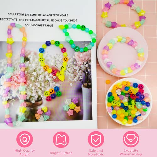 612 Pieces Candy Color Acrylic UV Beads Glow in The Dark Beads Happy Face Bead Heart Beads Star Beads Color Changing Sun UV Reactive Plastic Solar Hair Beads Bulk for Bracelet Necklace Jewelry Making