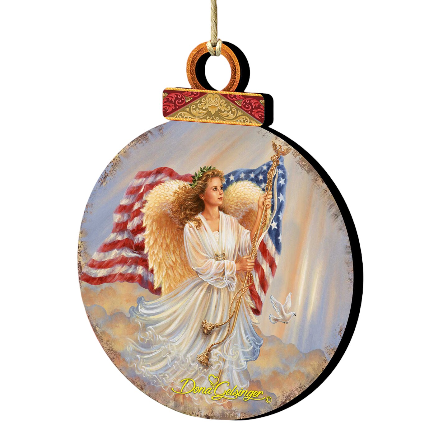Designocracy Angel Waving American Flag Wooden Christmas Ornaments - 5.5&#x22; - Set of 2