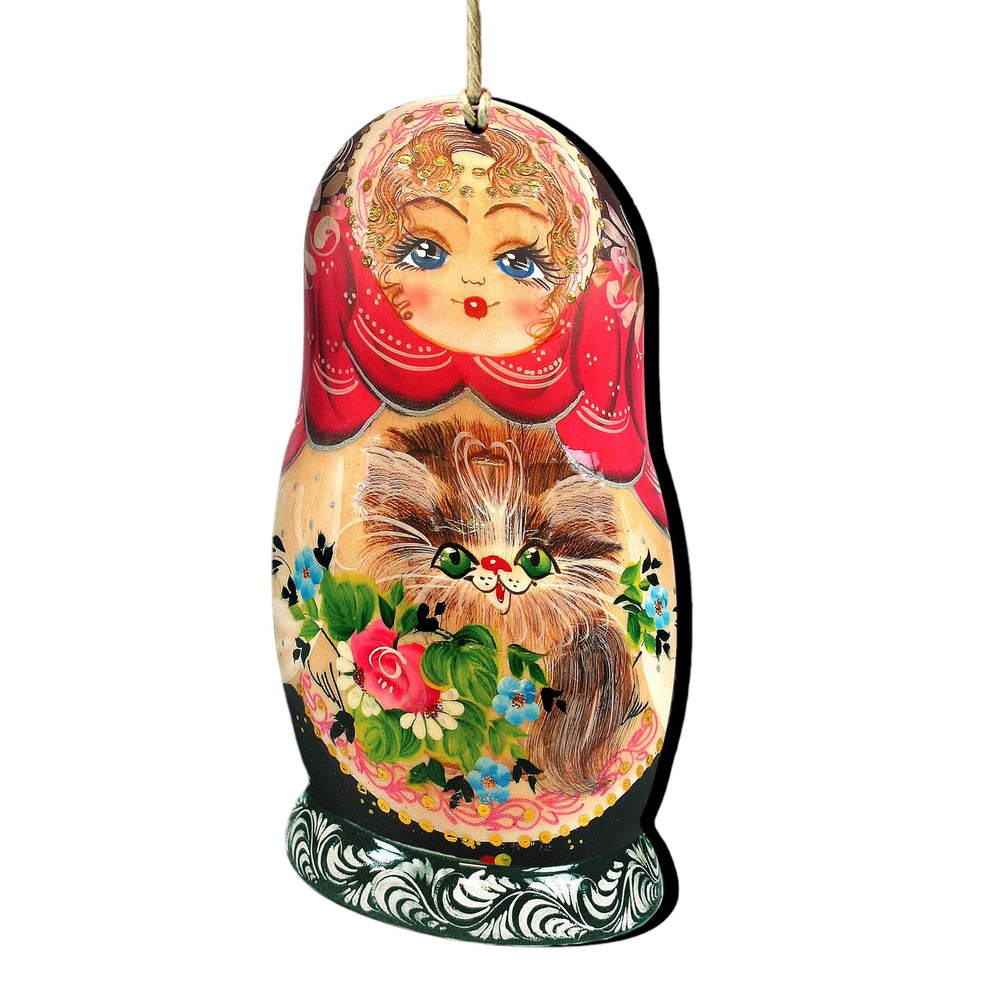 Designocracy Set of 2 Matreshka Doll with Cute Cat Wooden Christmas Ornaments 5.5&#x22;