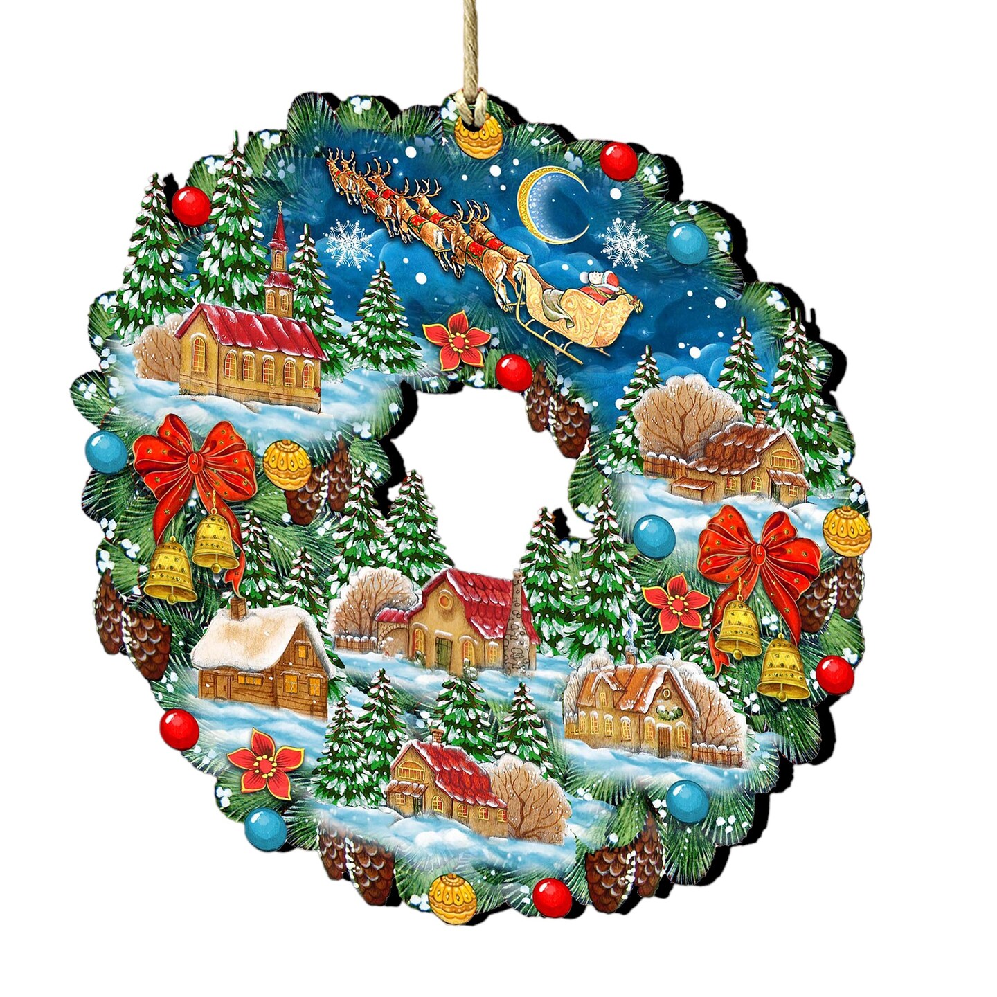 Designocracy Set of 2 Santa Ride Around the World Wreath Wooden Christmas Ornaments 5.5&#x22;