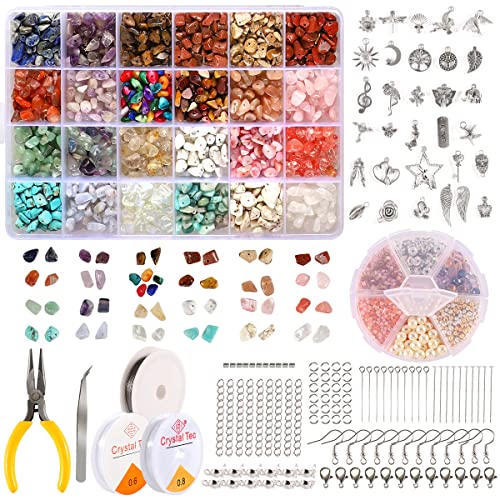MineCrystals Jewelry Making Kit DIY | Natural Crystal Chip Stones Beads|  Tools kit | Jewelry Wires Findings Supplies | Instruction Guide Gift Box 