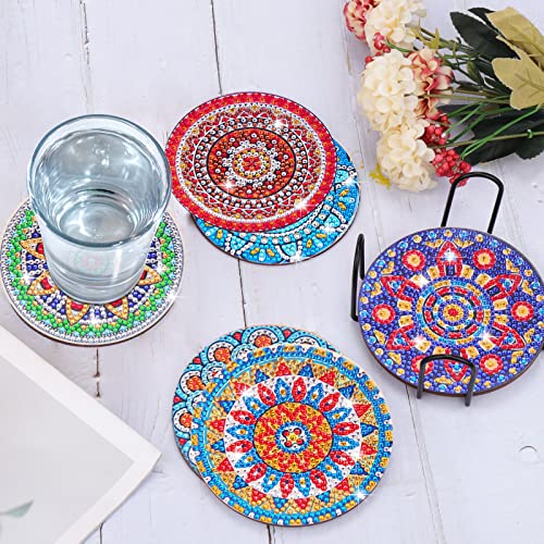 BSRESIN 8 Pcs Coasters with Holder, Mandala DIY Diamond Art Crafts for Adults, Small Diamond Painting Kits Accessories