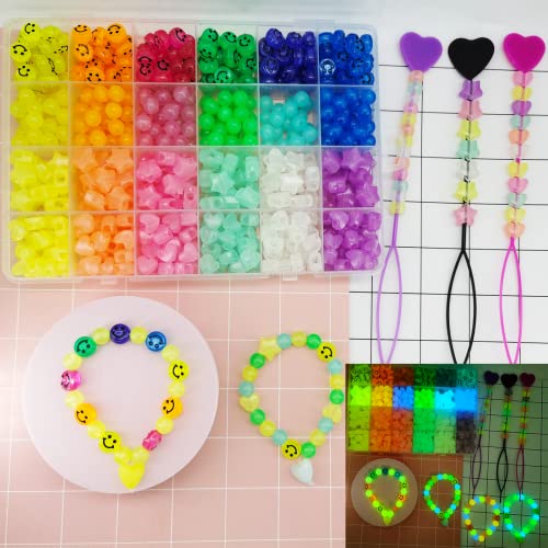 612Pcs Candy Color Acrylic UV Beads Glow in The Dark Beads Happy Face Bead Heart Beads Star Beads Color Changing Sun UV Reactive Plastic Solar Hair Beads Bulk for Bracelet Necklace Jewelry Making