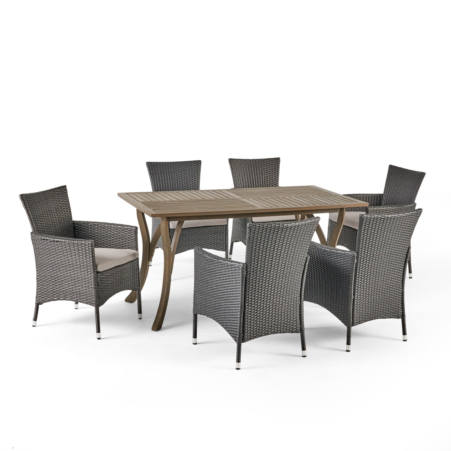 Contemporary Home Living 7 Piece Brown and Gray Wood and Wicker Patio Dining Set with Silver Cushions 24"