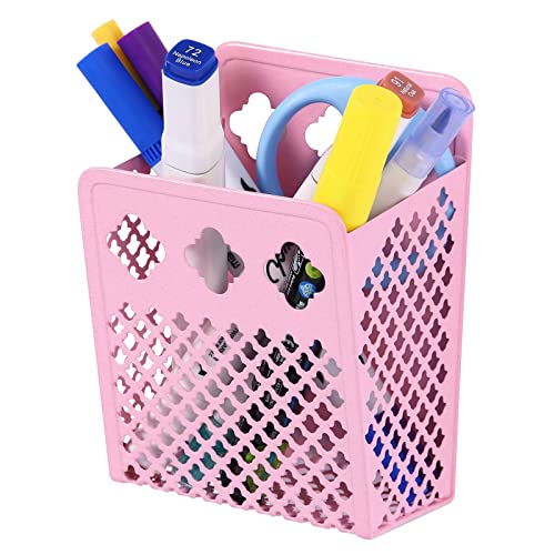 Magnetic Pencil Holder,Mesh Stainless Steel Pen Basket, Metal Writing Utensil Storage Organizer for Whiteboard,Blackboard,Kitchen, Locker, Home, or Office (Pink)
