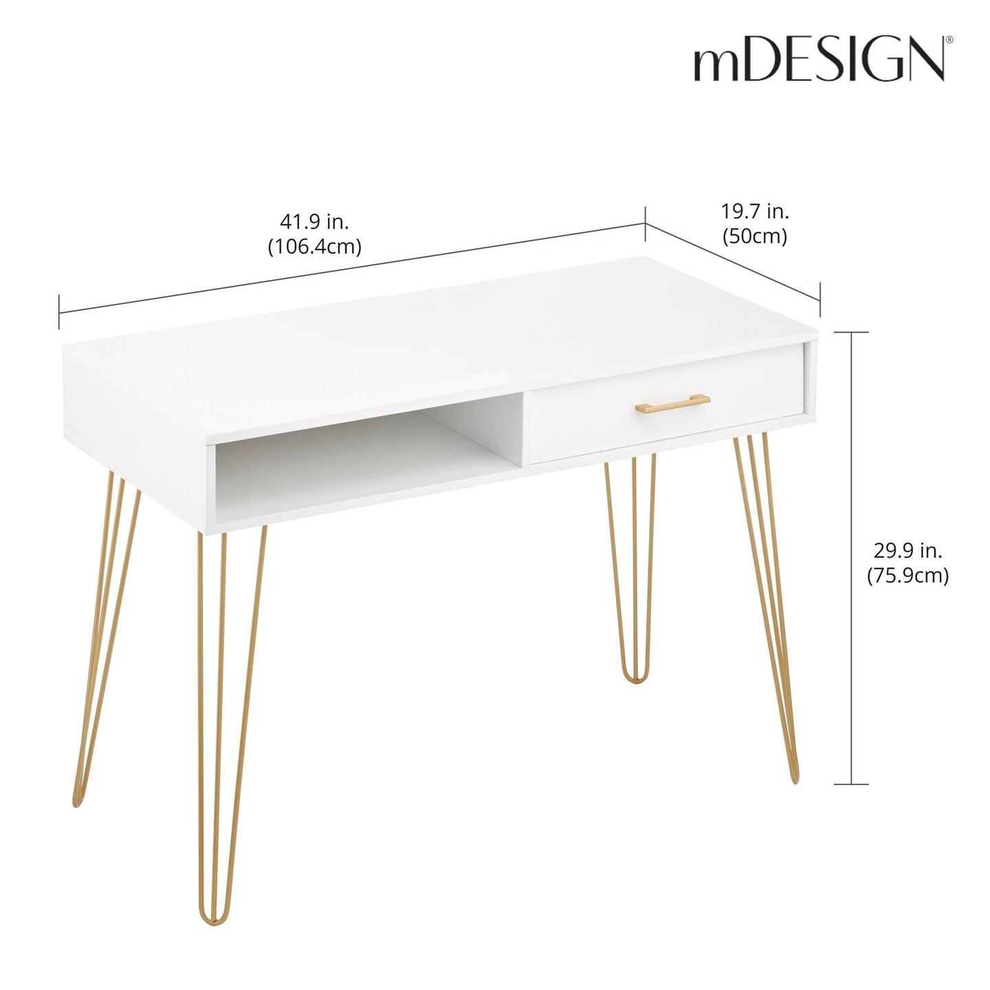 mDesign Metal/Wood Home Office Desk with Drawer, Hairpin Legs
