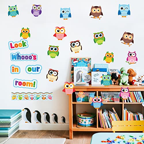 Colorful Owls Bulletin Board Decoration Set - Includes Mix of Owl Borders and Cutouts for Party, School, Classroom Door, Welcome Bulletin Board, Craft, and Home Wall Decor (Look Whooos in Our Room)