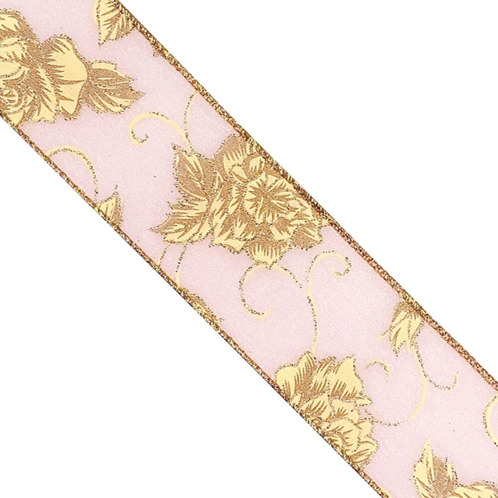 WR 63-5019 2.5&#x22; wired edge ribbon, Gold Ivory Rose Floral, Valentine&#x27;s ribbon