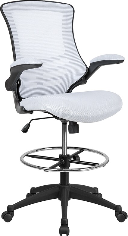 Mid-Back White Mesh Ergonomic Drafting Chair with Adjustable Foot Ring and Flip-Up Arms