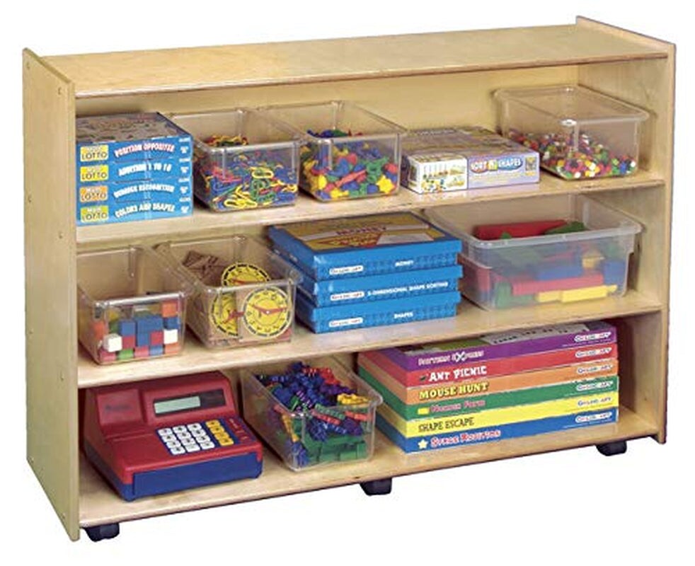 1301523 Mobile Open Shelving Unit, Birch Veneer Panel, 4-Coat UV Acrylic, 36&#x22; X 48&#x22; X 14-1/2&#x22;, Natural Wood Tone