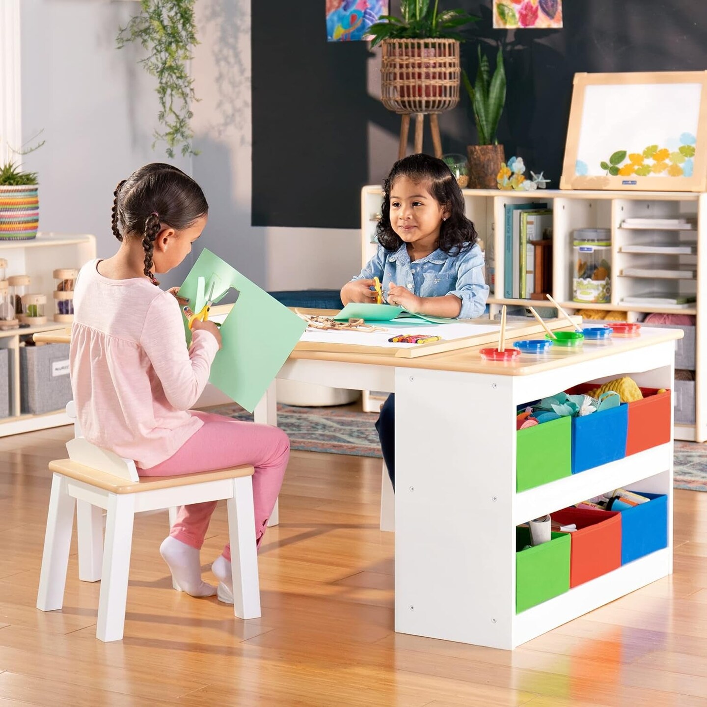 Arts and Crafts Center: Kids Activity Table and Drawing Desk with Stools, Storage Canvas Bins, Paper Roller, and Paint Cups | Toddlers Work Station - Children&#x27;S Wooden Learning Furniture