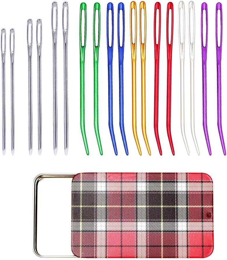 12 Pieces Yarn Needle, Tapestry Needle Bent Embroidery Needles Bent Tip Needles, and 6 Pieces Large-Eye Blunt Needles with Iron Box for Knitting Crochet (Random Color)