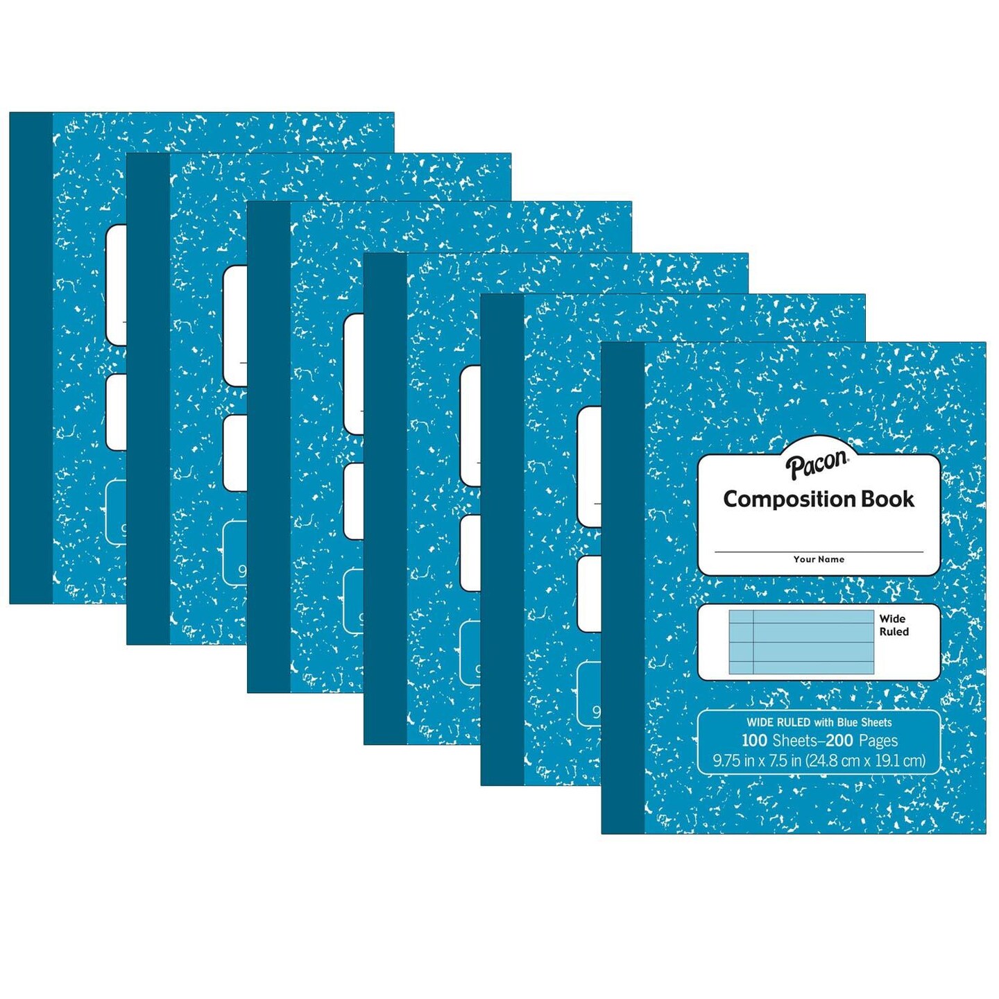 Pastel Composition Book, Blue Marble Cover, Light Blue Sheets, 3/8&#x22; Ruled, 9-3/4&#x22; x 7-1/2&#x22;, 100 Sheets, Pack of 6