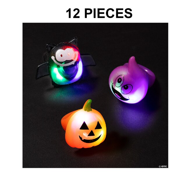 Flashing Light-Up Jack-O&#x2019;-Lantern Bat &#x26; Ghost Rings - 12 Pc.