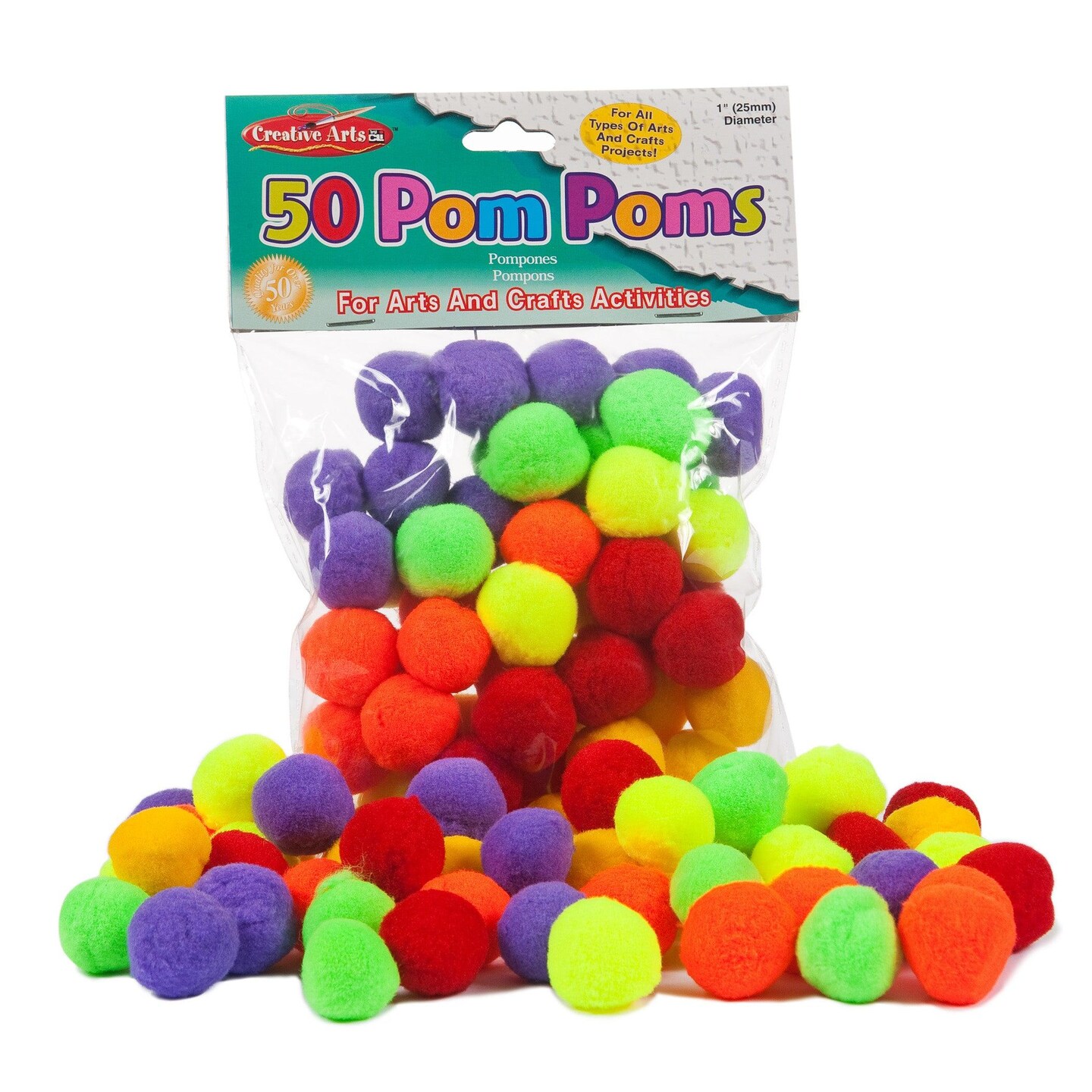 Pom-Poms 1&#x22;, Assorted Hot Colors, 50 Per Pack, 12 Packs