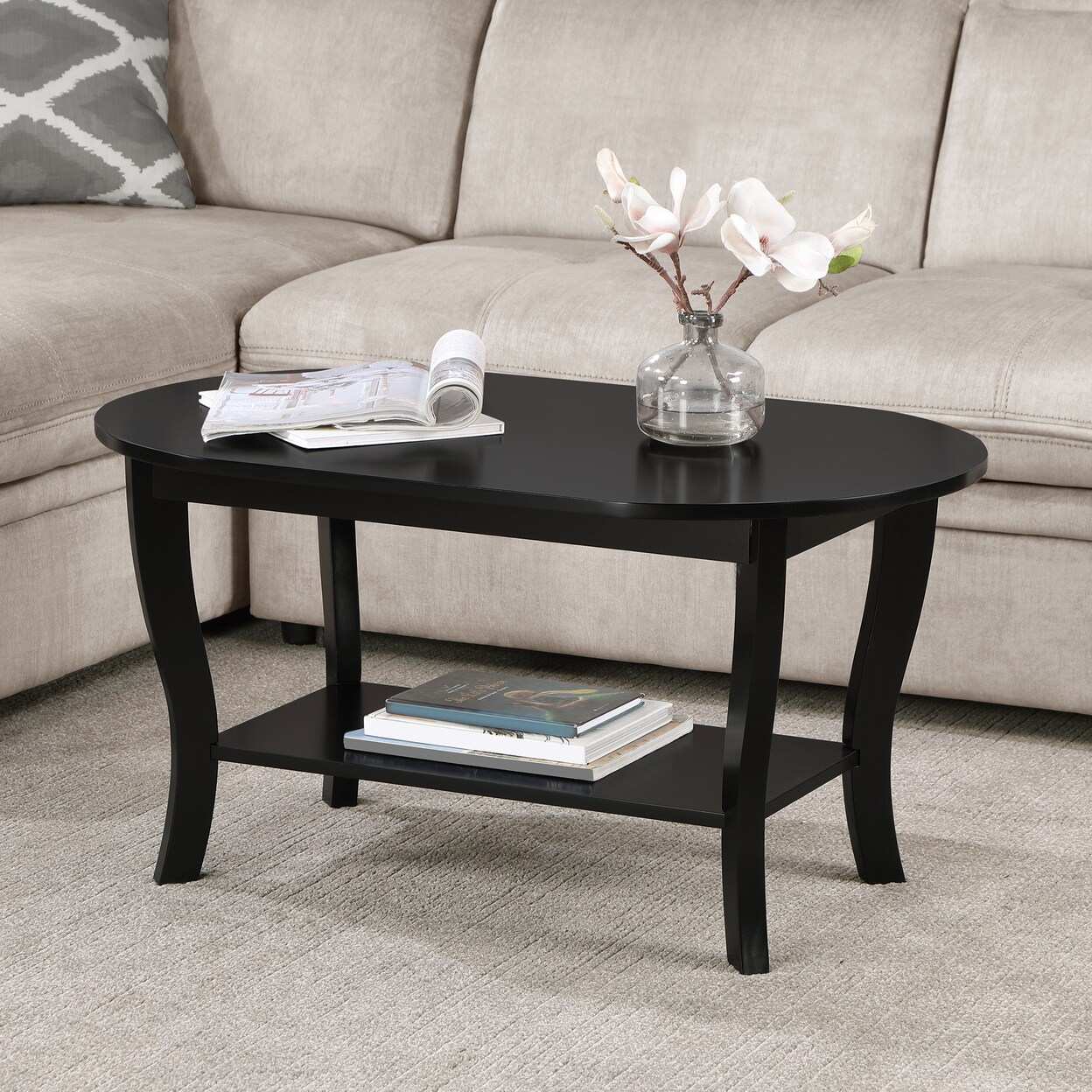 Convenience Concepts American Heritage Oval Coffee Table with Shelf, Black