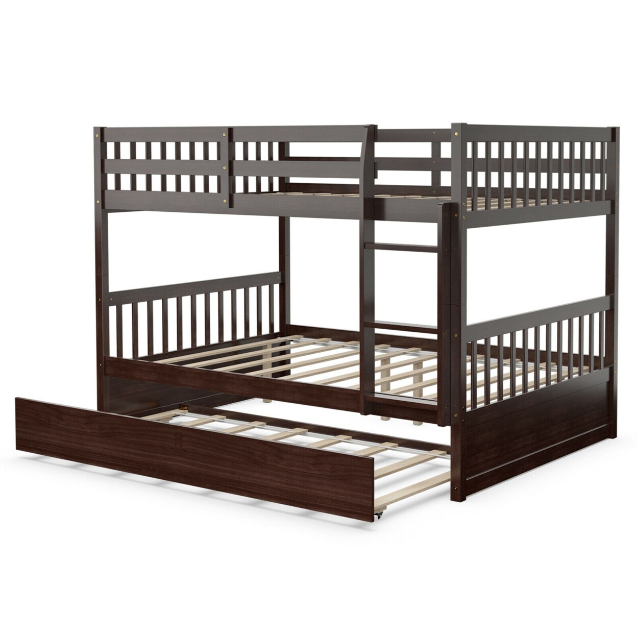 Full Over Full Bunk Bed Platform Wood Bed W/ Trundle And Ladder Rail