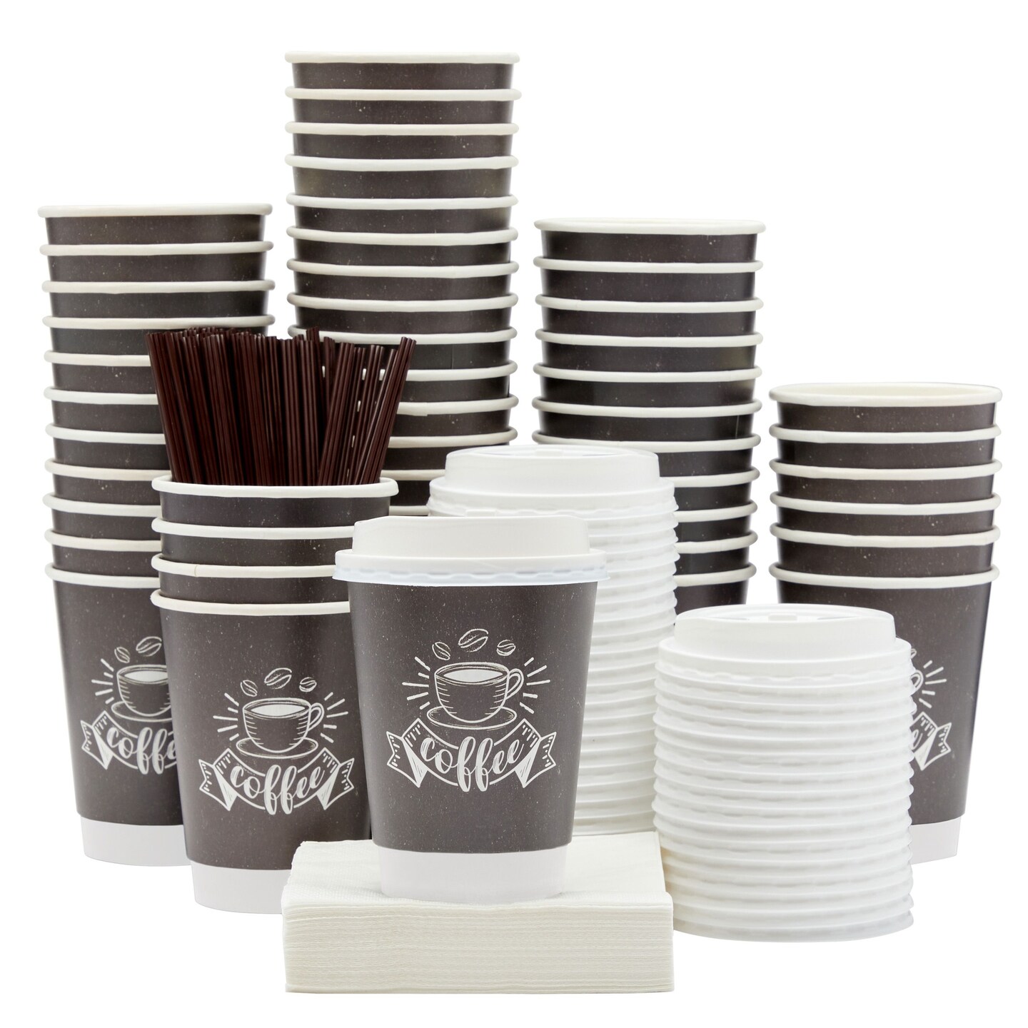 50 Pack 12 oz Disposable Paper Coffee Cups with Lids, Stir Straws, and Napkins for Hot Drinks To Go (Black)