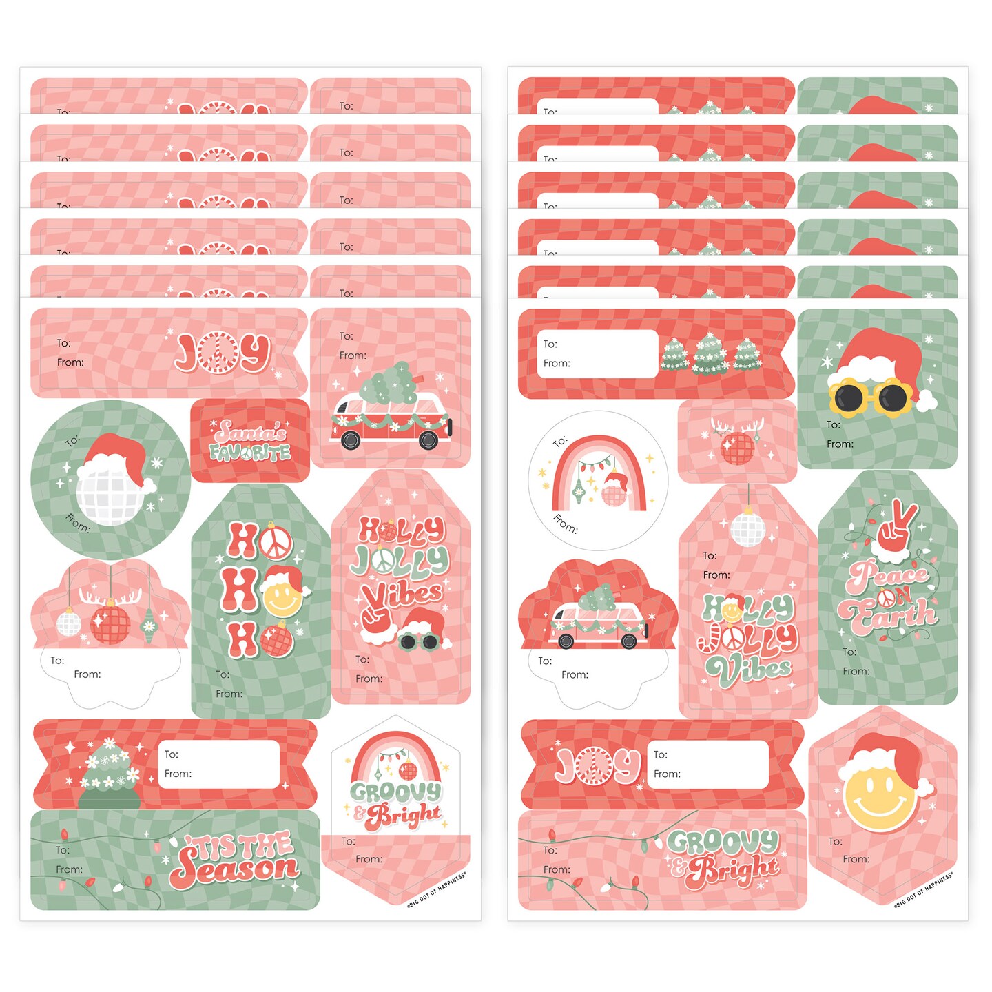 Big Dot of Happiness Groovy Christmas - Assorted Pastel Holiday Party Gift Tag Labels - To and From Stickers - 12 Sheets - 120 Stickers