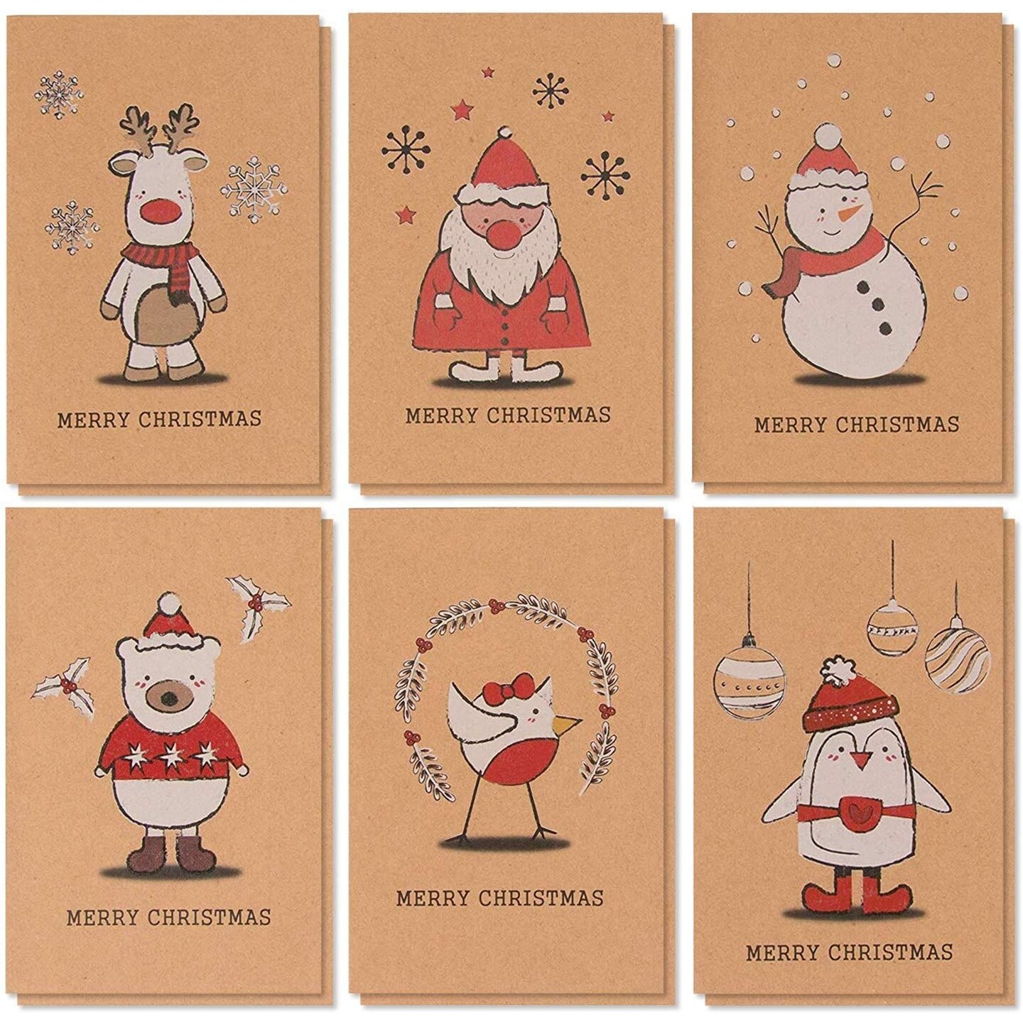 36 Pack Kraft Merry Christmas Greeting Cards with Envelopes, 6 Holiday Yuletide Character Designs (4 x 6 In)