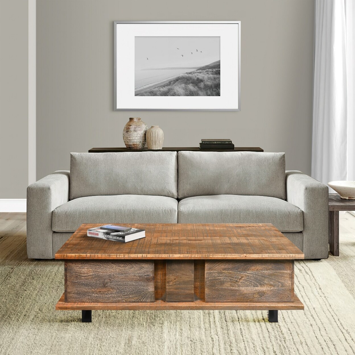 Saltoro Sherpi 48 Inch Handcrafted Rectangular Coffee Table with 2 Drawers, Black Iron Sled Base, Rustic Natural Brown-
