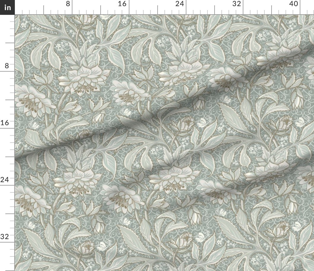 Pale Green Antique Victorian Sage Hellebore Arts And Crafts Floral Neutral Art Nouveau Large Scale Damask Botanical Custom Printed Fabric by Spoonflower Various Fabrics by the Yard or Fat Quarter