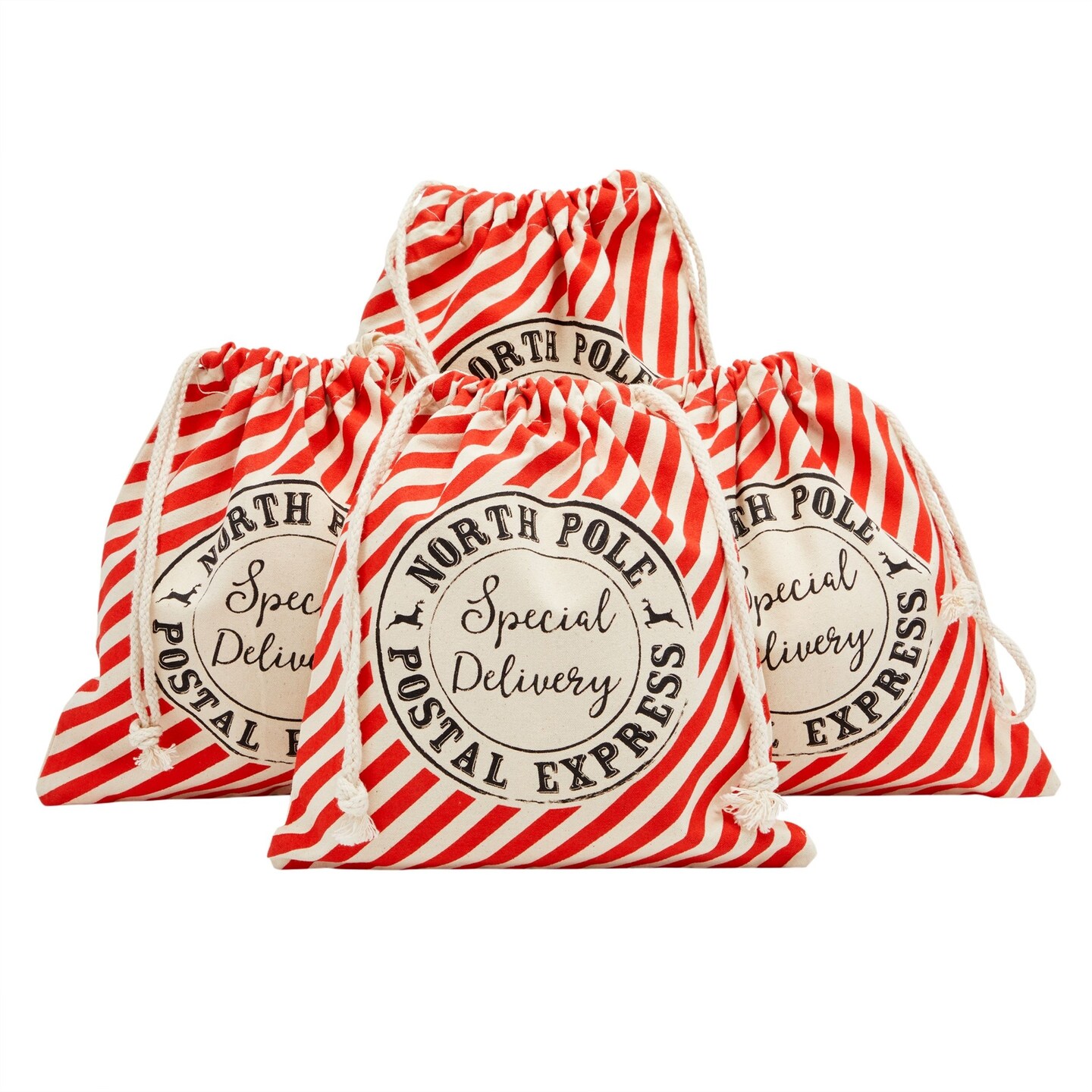 4 Pack Canvas Christmas Drawstring Gift Bags for North Pole Holiday Party Favors (11.5 x 10 In)