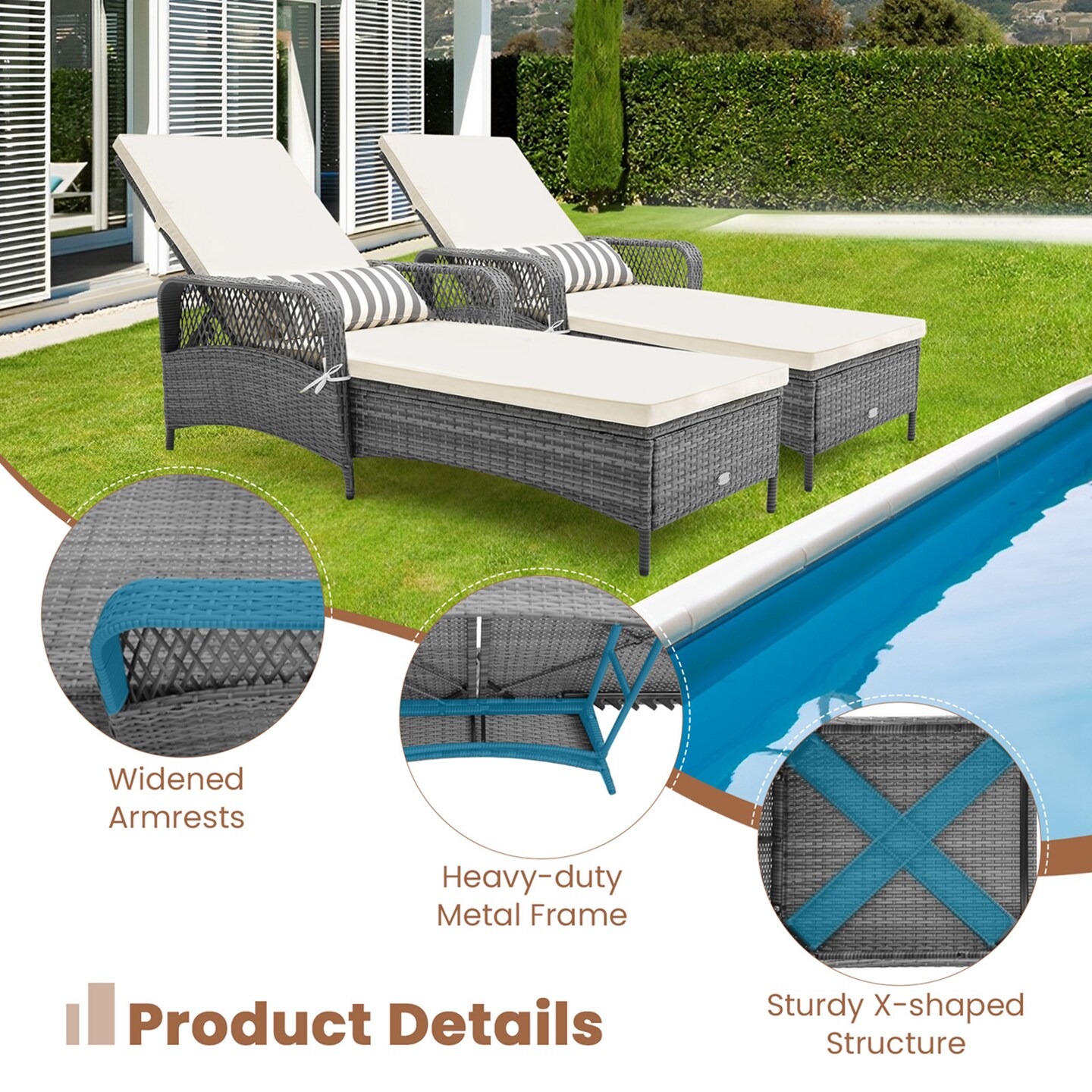 Costway Outdoor Chaise Lounge Chair Patio Recliner with 6-Level Backrest Cushion & Pillow