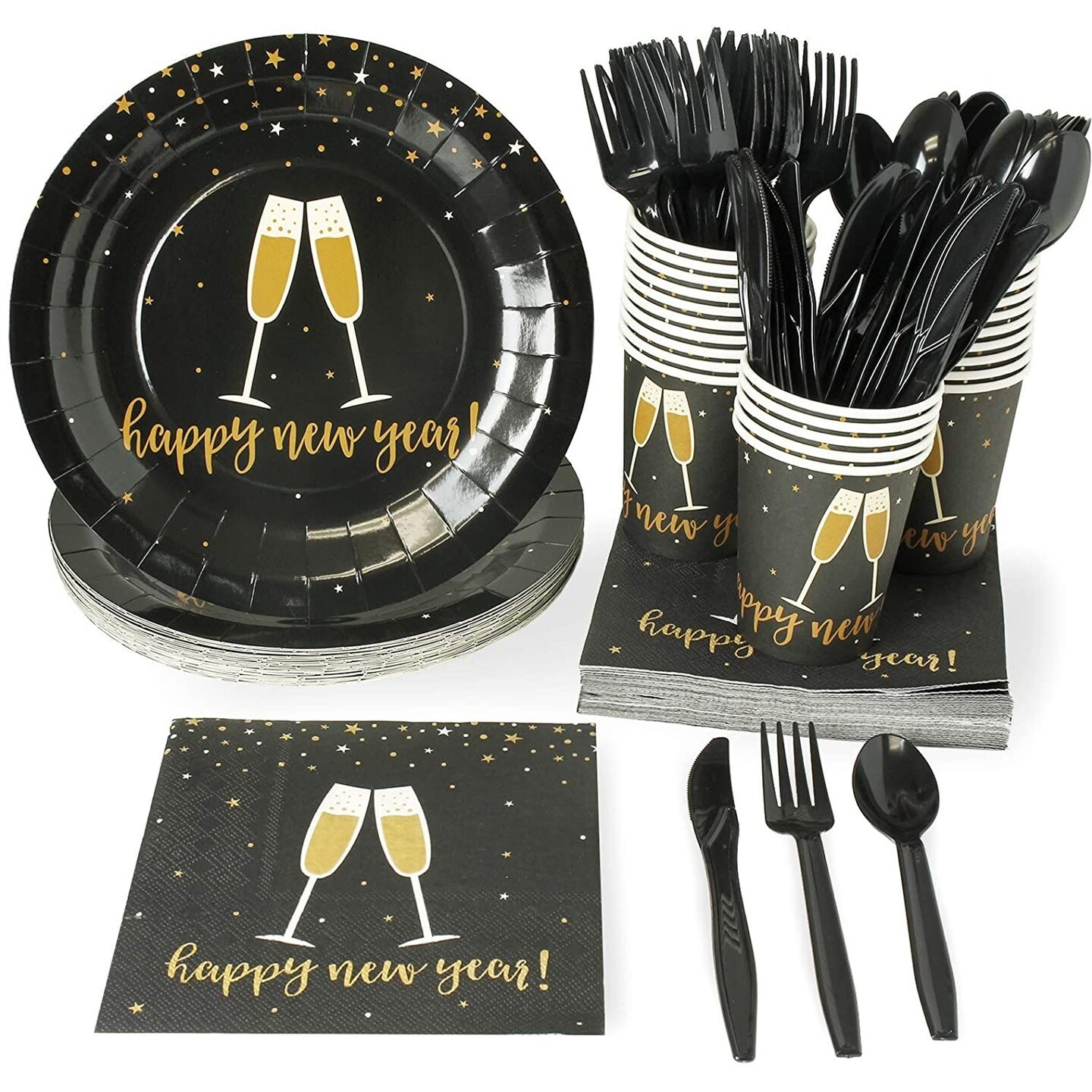 New Year's Eve Party Bundle, Includes NYE Plates, Napkins, Cups, Cutlery (24 Guests,144 Pieces)