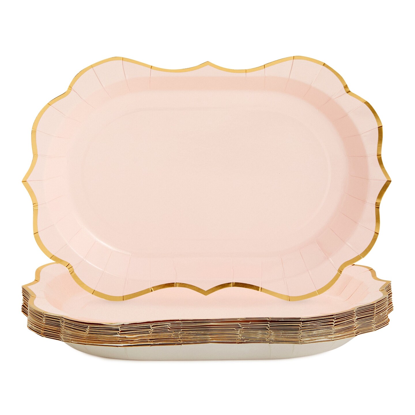 24 Pink Disposable Party Serving Trays with Scalloped Gold Foil Edge (13 x 9 in, 24 Pack)