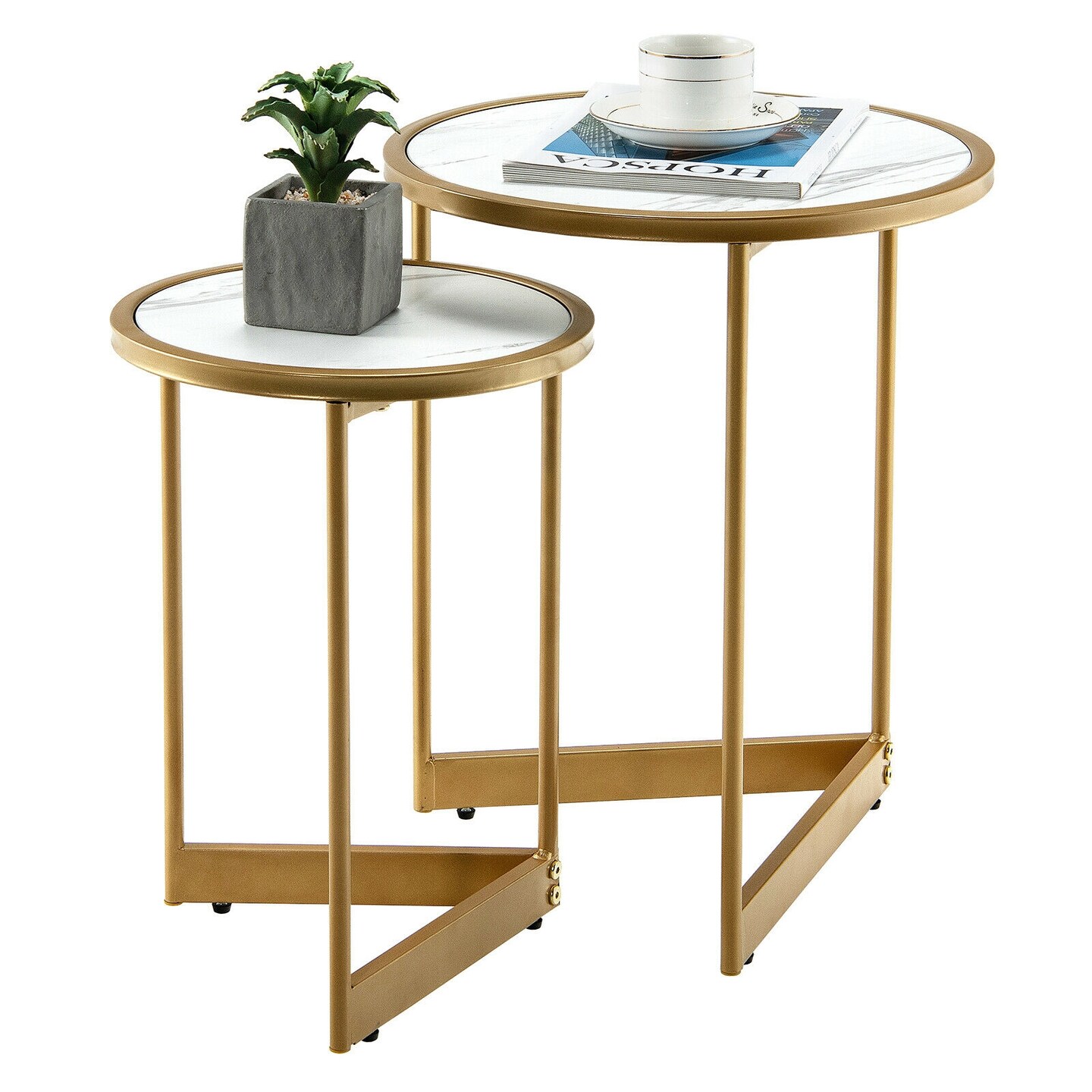Round Nesting Table Set Of 2 With Marble-like Tabletop-White