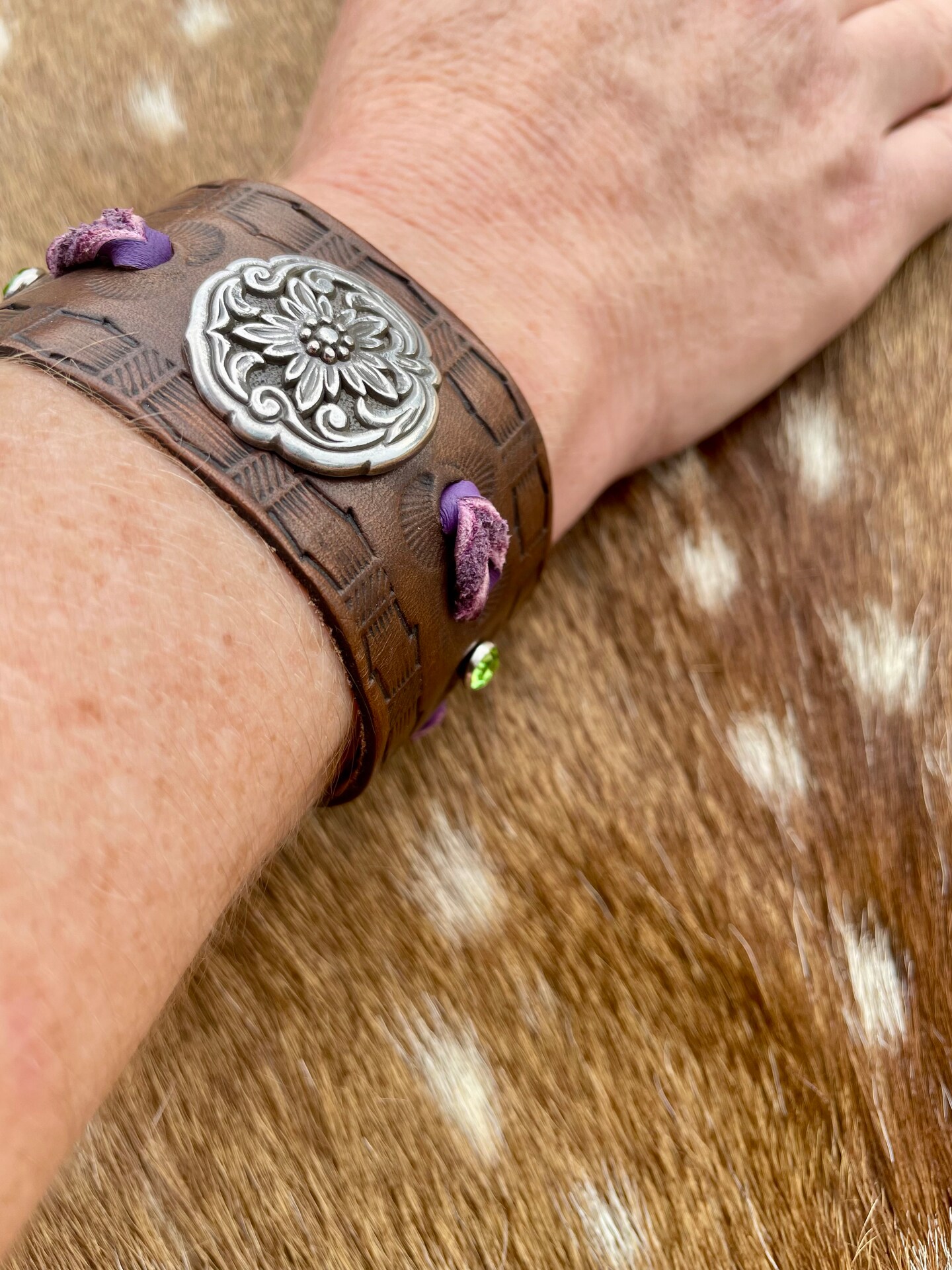 Brown Leather cuff bracelet, western tooled gift for women, floral