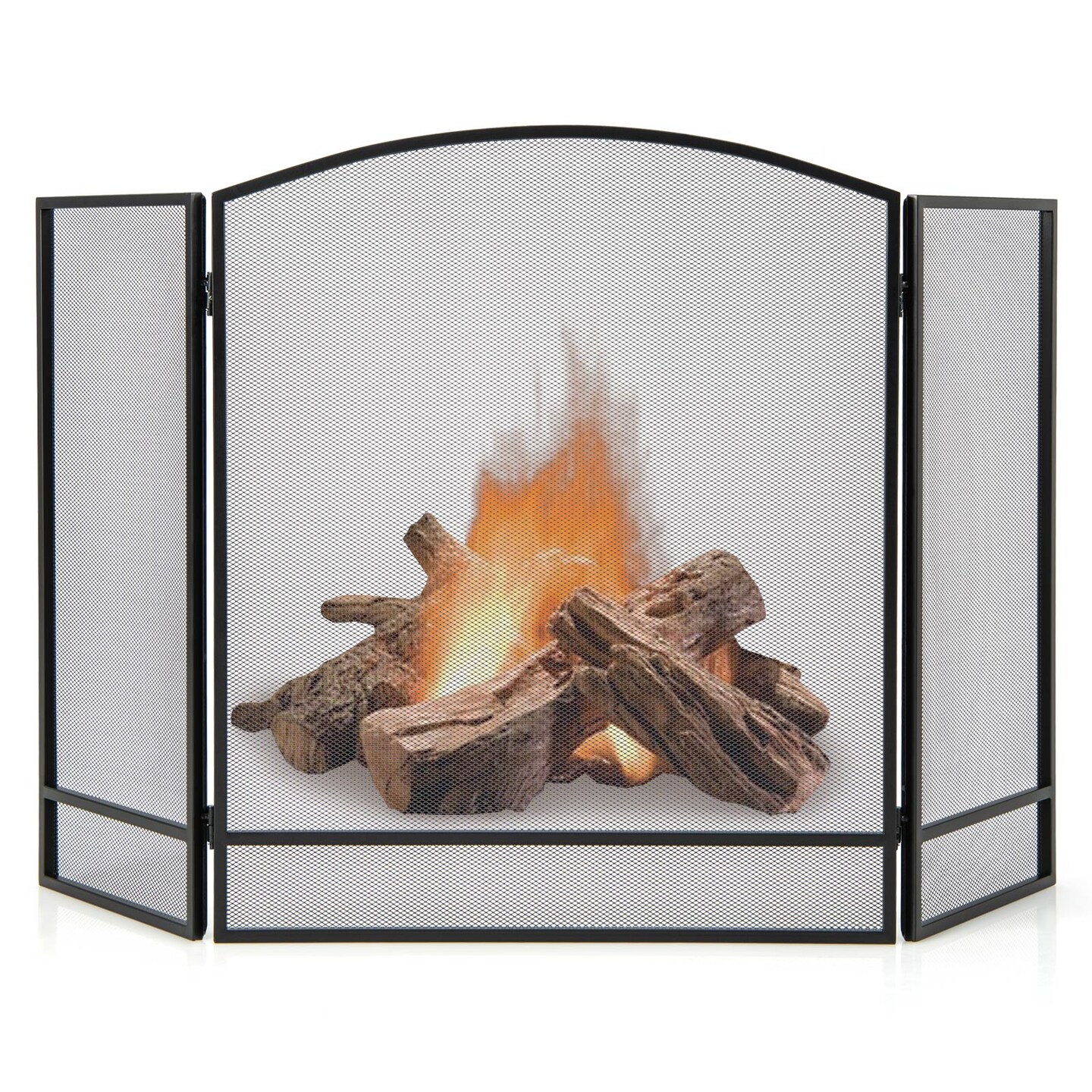 3-Panel Fold-able Fireplace Screen With Wrought Metal Mesh