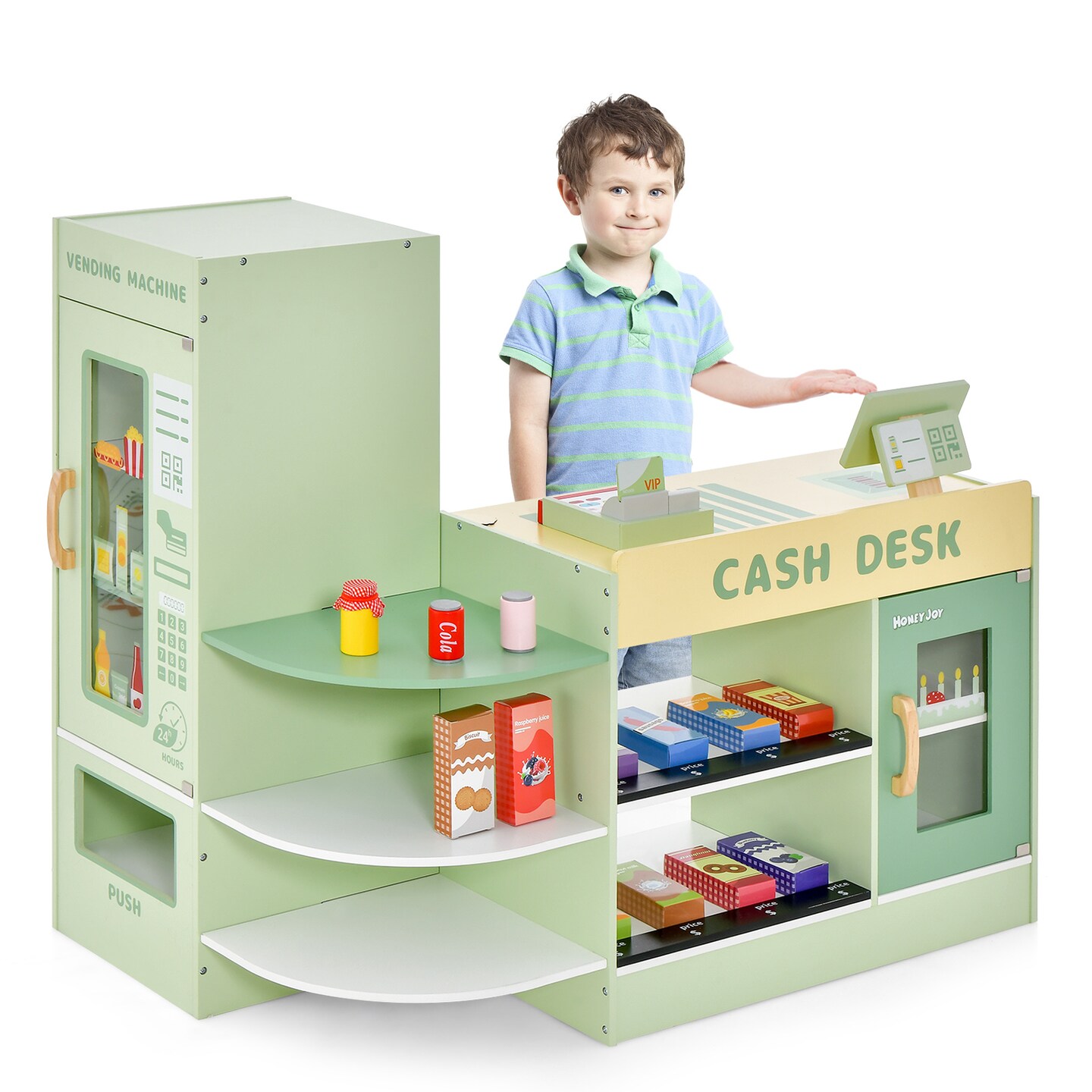 Kids Wooden Supermarket Play Toy Set With Checkout Counter-Green