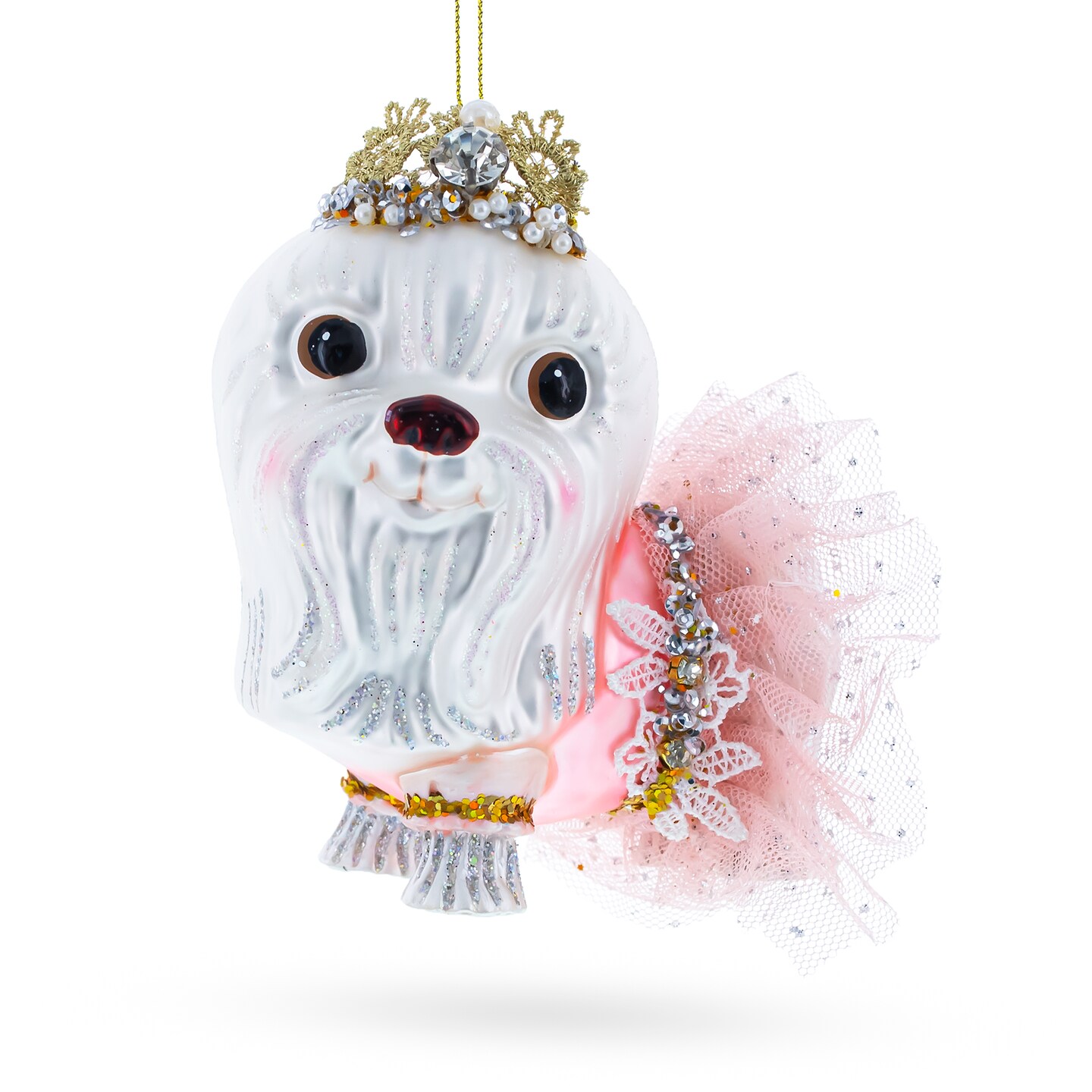 Lovable Bolonka Dog with Crown Glass Christmas Ornament
