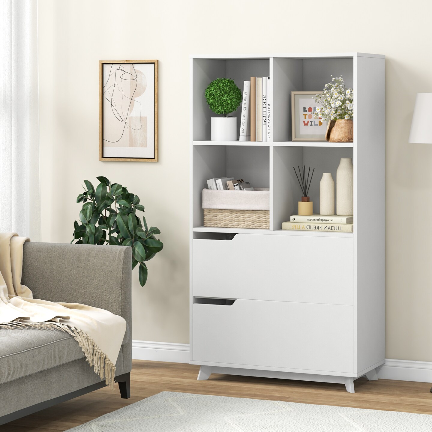 4-tier Open Bookcase With 2 Drawers And 4 Storage Cubes-white