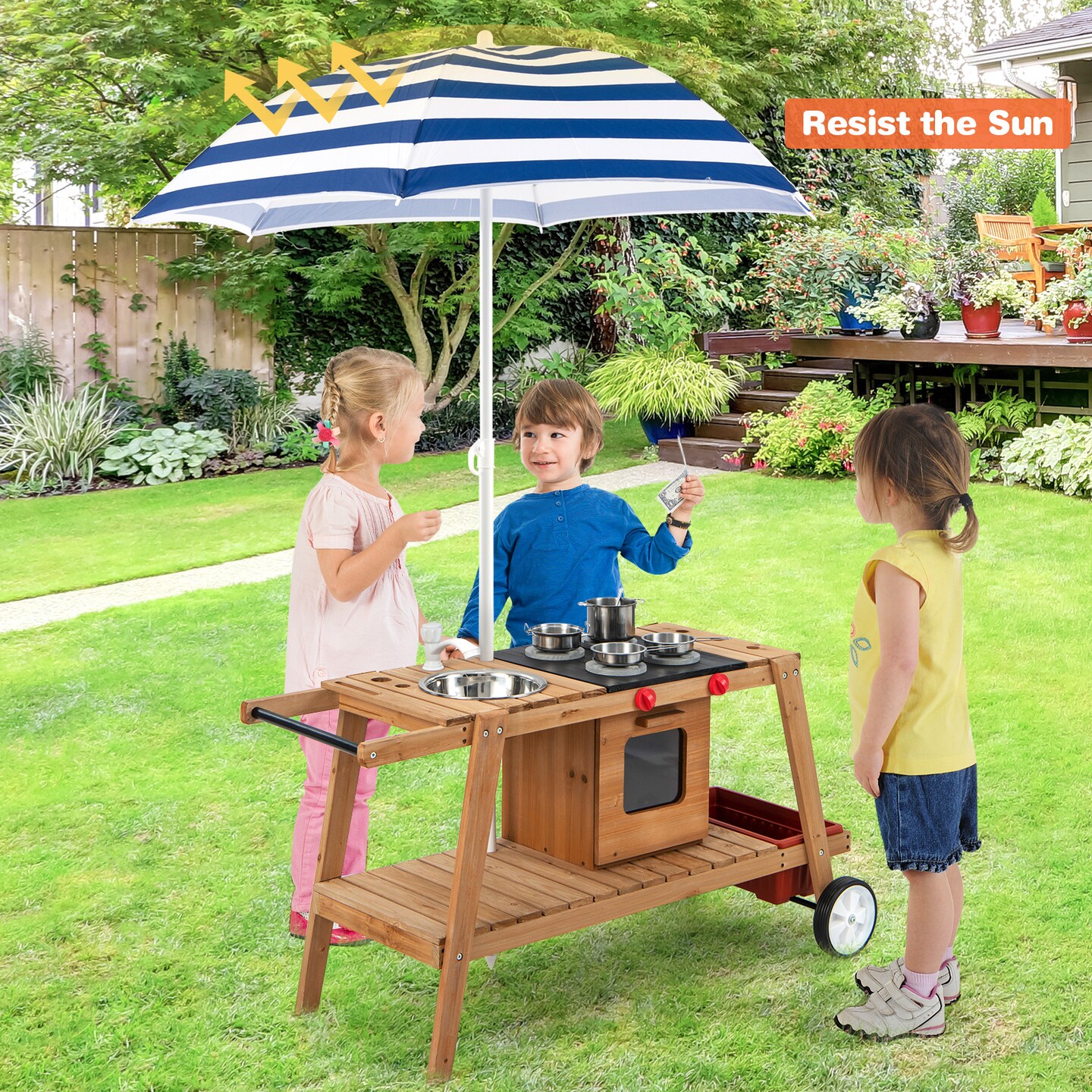 Wooden Play Cart With Sun Proof Umbrella For Toddlers Over 3 Years Old