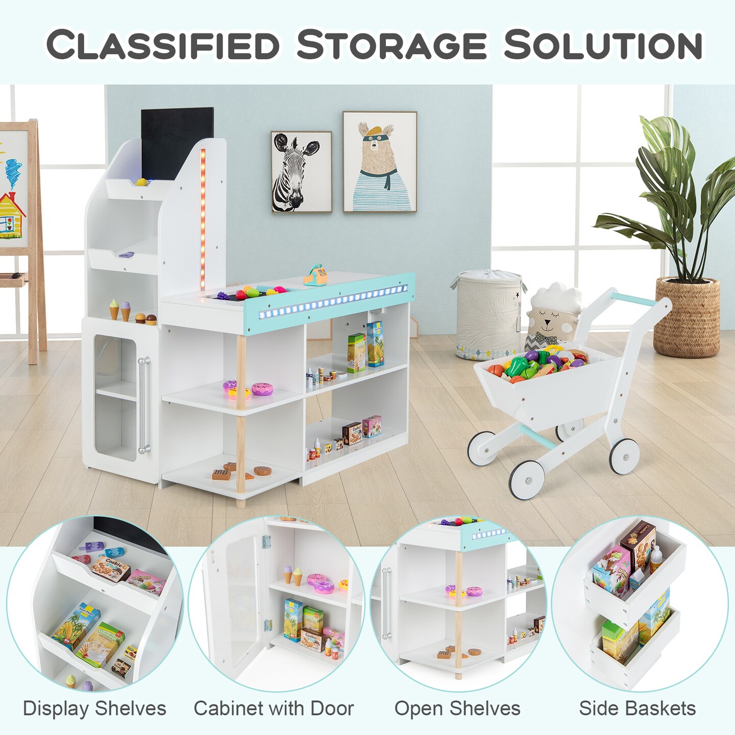 Wooden Kids Supermarket Playset With Cash Register And Shopping Cart-white