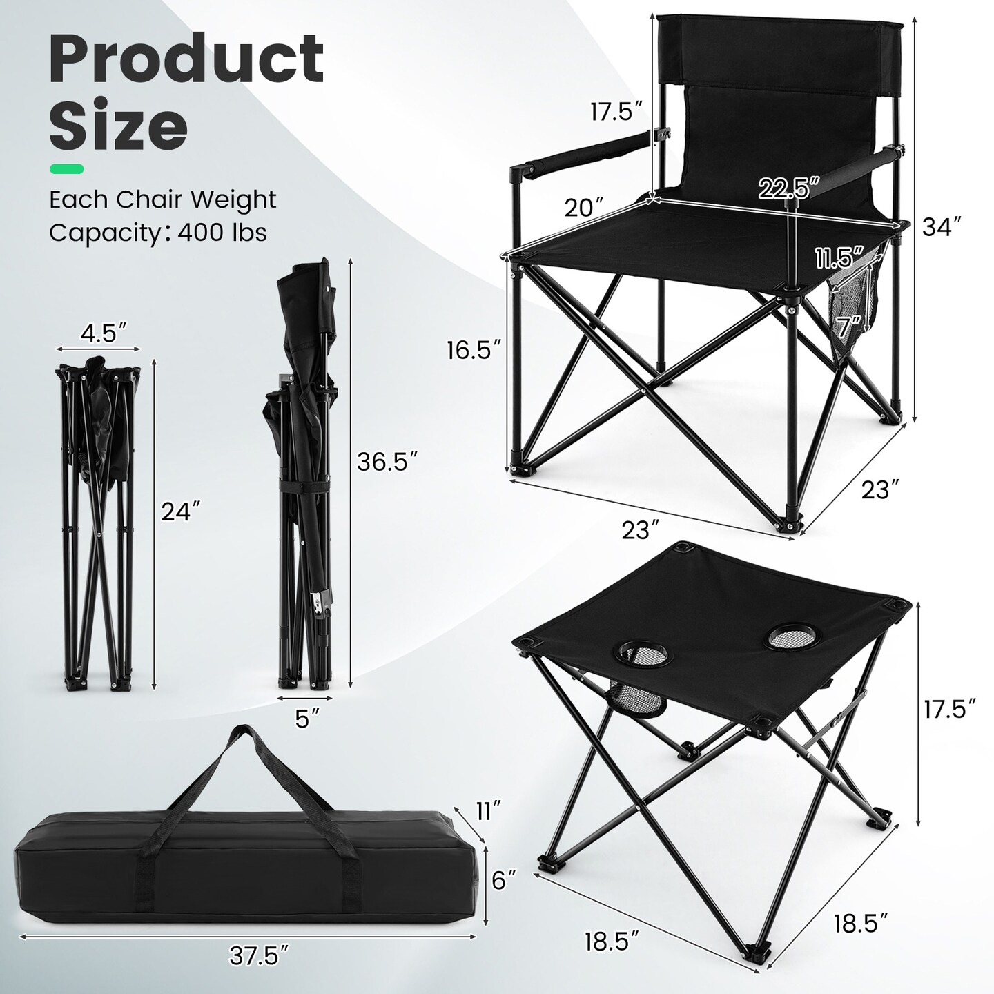 Black Folding Camping Chair Set 2 Chairs 1 Table 400 lbs Capacity with Cup Holder