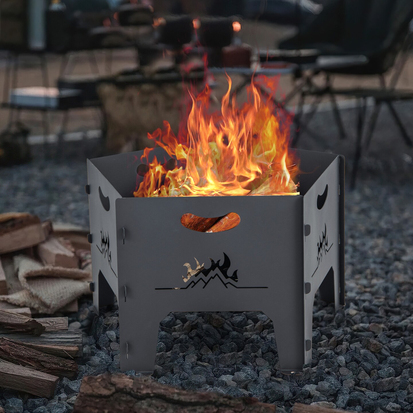 19" Black Camping Fire Pit Carbon Steel Wood Burning Outdoor Fire Bowl with Bag