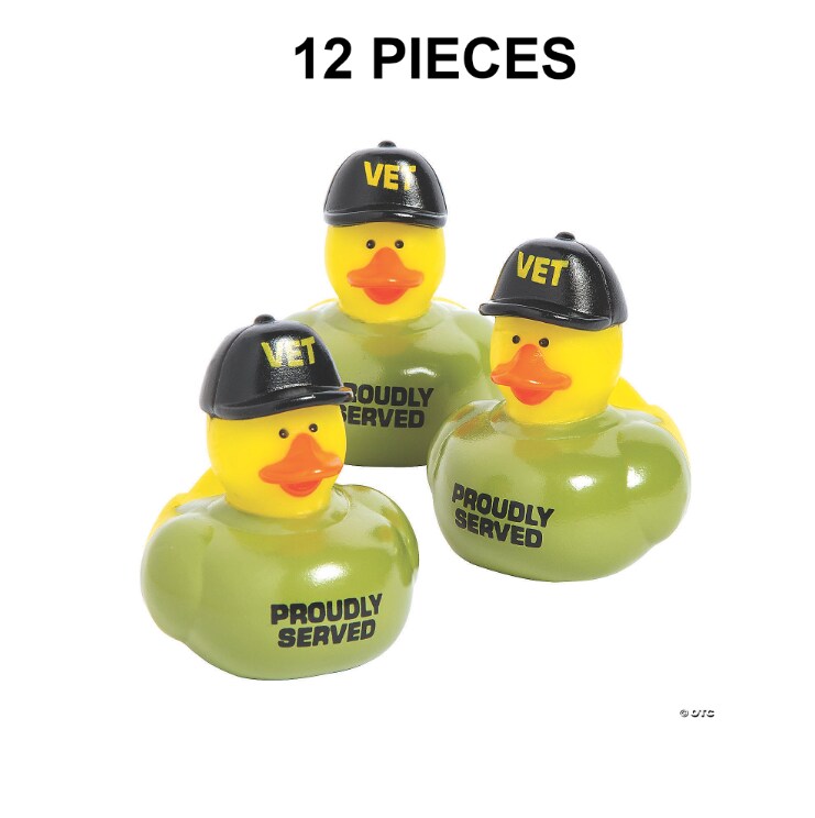 2&#x22; Veteran Rubber Ducks in Green T-Shirts and Black Cap - 12 Pc.