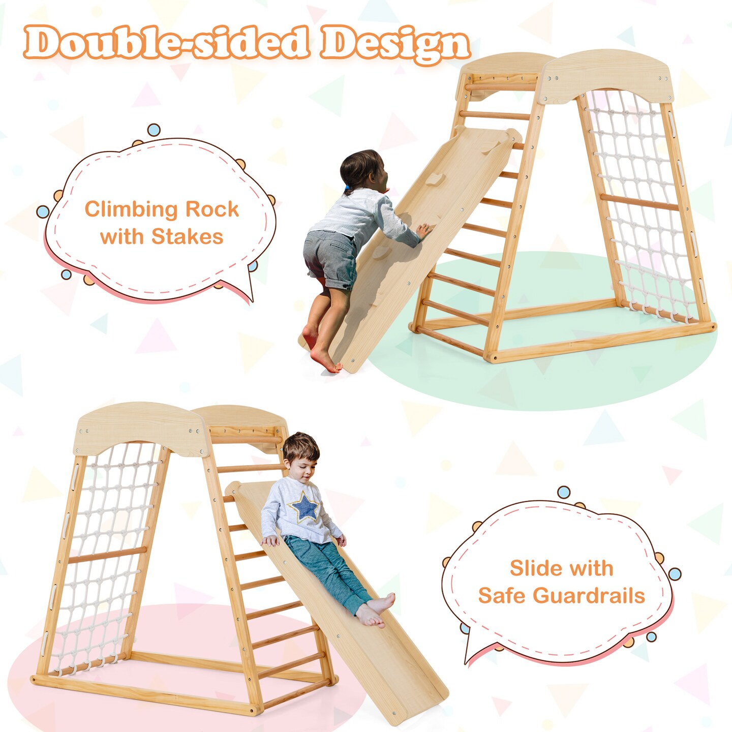 6-in-1 Jungle Gym Wooden Indoor Playground With Double-sided Ramp And Monkey Bars-natural
